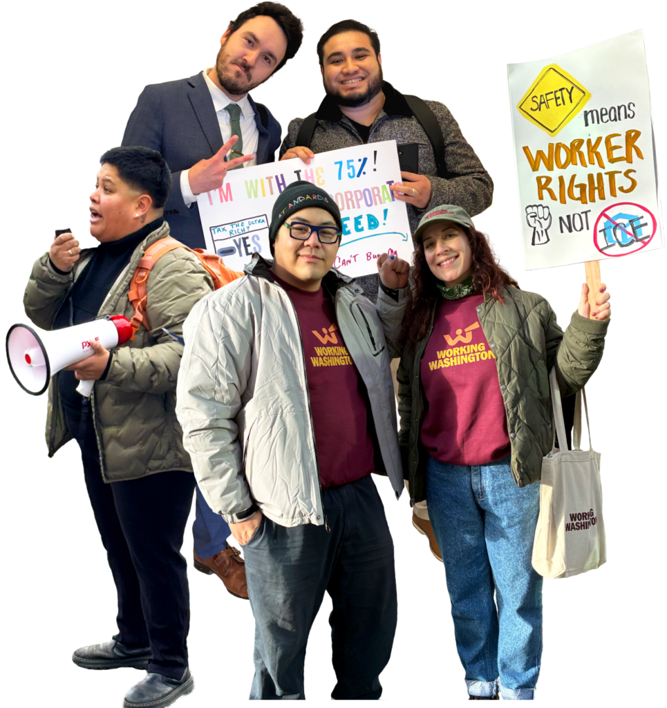 Five people, with one holding a bullhorn and others holding signs. One sign says, "Safety means worker rights. Not ICE."